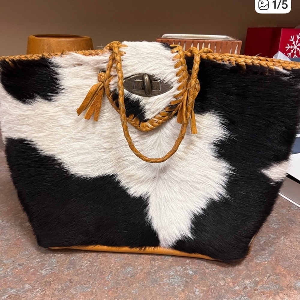 One of a kind Cowhide Tote Bag with Braided Handles